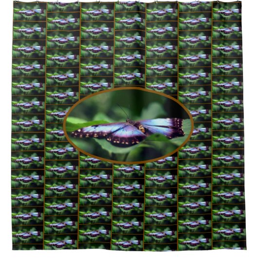 ブルーバタフライクローズアップ自然パターン シャワーカーテン (正面)