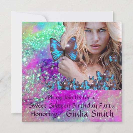 ブルーバタフライスウィート16パーティーモノグラム,シャンパン 招待状 (正面)