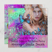 ブルーバタフライスウィート16パーティーモノグラム,シャンパン 招待状 (正面/裏面)