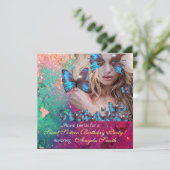 ブルーバタフライスウィート16パーティーモノグラム、金ゴールド 招待状 (スタンド正面)