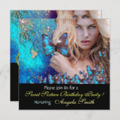 ブルーバタフライスウィート16パーティーモノグラム、金ゴールド 招待状 (正面/裏面)