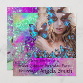 ブルーバタフライスウィート16パーティーモノグラム、金ゴールド 招待状 (正面/裏面)