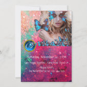 ブルーバタフライスウィート16パーティーモノグラム、金ゴールド 招待状 (裏面)