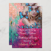 ブルーバタフライスウィート16パーティーモノグラム、金ゴールド 招待状 (正面/裏面)