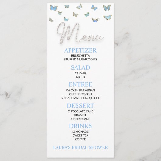 ブルーバタフライテーマのブライダルシャワー食品 メニュー (正面)