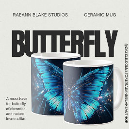 ブルーバタフライデザインの陶器マグ コーヒーマグカップ