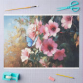 ブルーバタフライピンクの花絵を描のデコパージュ 薄葉紙 (クラフト)