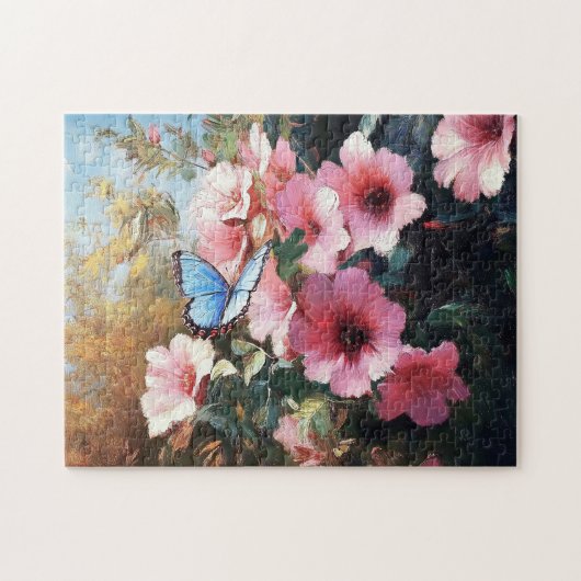 ブルーバタフライピンク絵を描の花 ジグソーパズル (横)