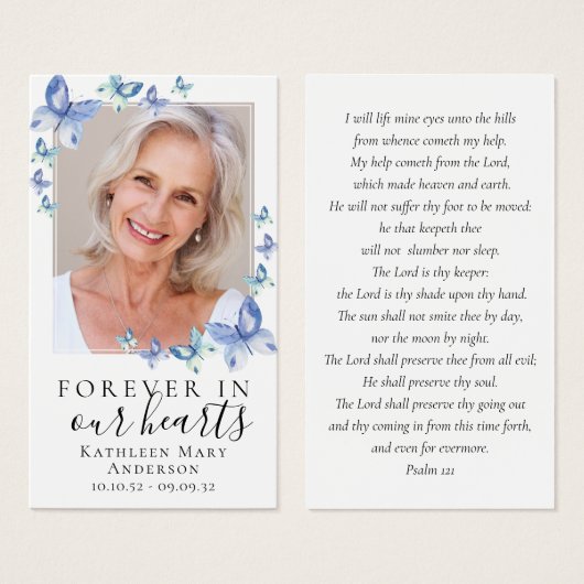 ブルーバタフライフォトメモリアル祈りの言葉カード (正面&裏面)