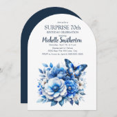ブルーバタフライフラワーアーチサプライズ70誕生日 招待状 (正面/裏面)
