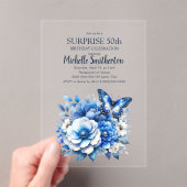 ブルーバタフライフラワーサプライズ50誕生日 アクリル招待状 (インサイチュ (ポータブル))