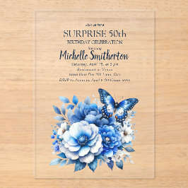 ブルーバタフライフラワーサプライズ50誕生日 アクリル招待状