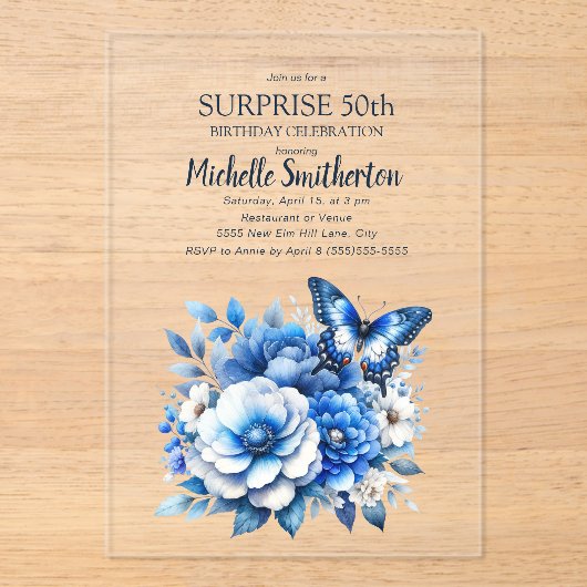 ブルーバタフライフラワーサプライズ50誕生日 アクリル招待状 (正面)