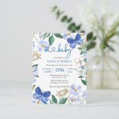 ブルーバタフライフローラの葉の少年の赤ちゃんシャワー インビテーションポストカード (スタンド正面)