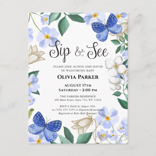 ブルーバタフライフローラの葉の男の赤ちゃんSIPと参照 インビテーションポストカード (正面)