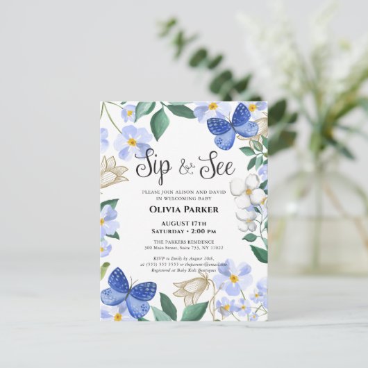 ブルーバタフライフローラの葉の男の赤ちゃんSIPと参照 インビテーションポストカード (スタンド正面)