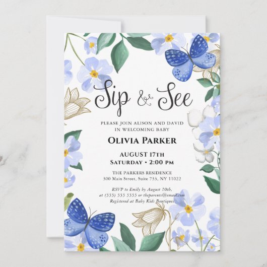 ブルーバタフライフローラの葉の男の赤ちゃんSIPと参照 招待状 (正面)