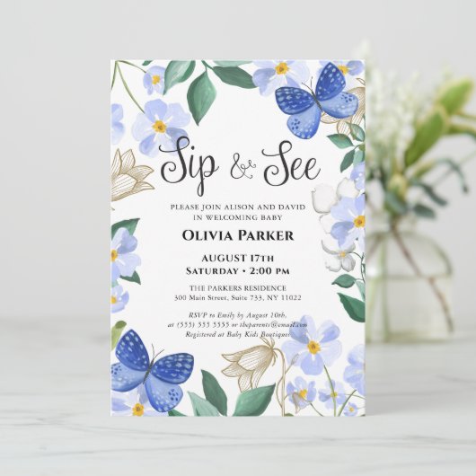 ブルーバタフライフローラの葉の男の赤ちゃんSIPと参照 招待状 (スタンド正面)