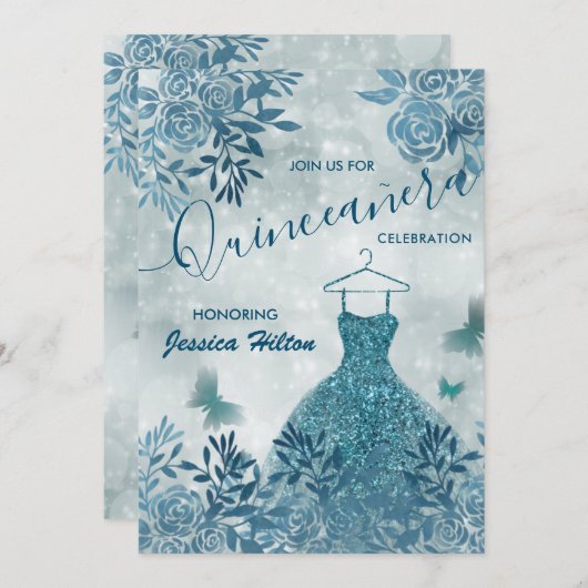 ブルーバタフライフローラガーデンドレスキンセアニラ 招待状 (正面/裏面)