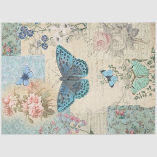 ブルーバタフライフローラスクリプトEphemera Decompage 薄葉紙 (正面)