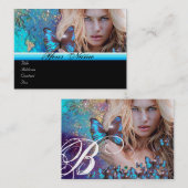 ブルーバタフライヘア美しいメイクアップアーティストモノグラム 名刺 (正面/裏面)