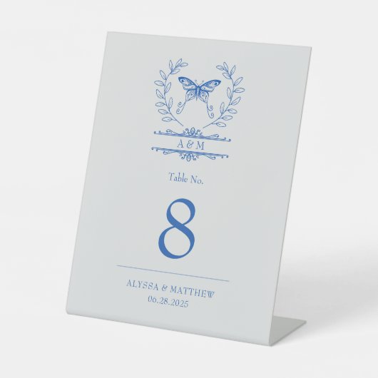 ブルーバタフライモノグラム結婚のテーブル番号 台座サイン (正面)