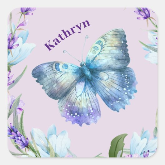 ブルーバタフライラベンダーパーソナライズされた スクエアシール (正面)