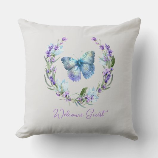 ブルーバタフライ及びラベンダーリース枕 クッション (正面)