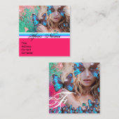 ブルーバタフライ美しいメイクアップアーティストホットピンクグリーン スクエア名刺 (正面/裏面)