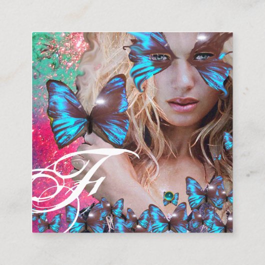 ブルーバタフライ美しいメイクアップアーティストホットピンクグリーン スクエア名刺 (裏面)