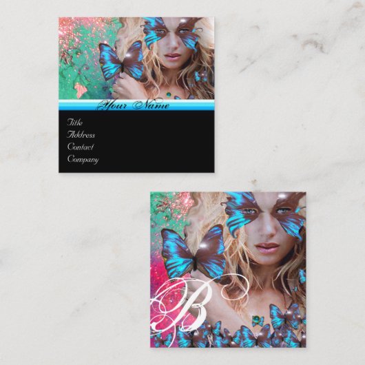 ブルーバタフライ美しいメイクアップアーティストモノグラムグリーン スクエア名刺 (正面/裏面)
