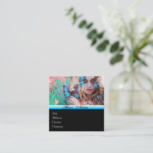 ブルーバタフライ美しいメイクアップアーティストモノグラムグリーン スクエア名刺 (スタンド正面)
