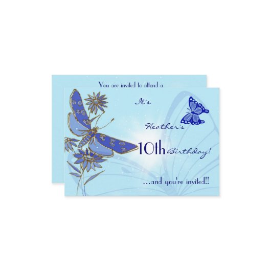 ブルーバタフライ誕生日RSVP招待状カード 招待状 (正面/裏面インサイチュ)