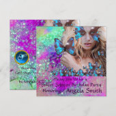 ブルーバタフライ スイート16パーティー モノグラム, ゴールド 招待状 (正面/裏面)