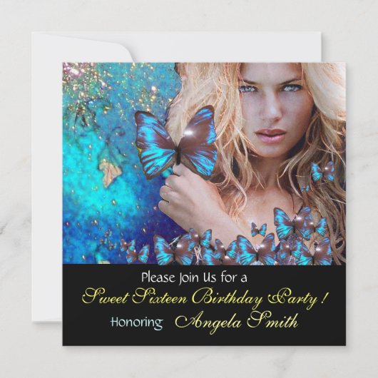 ブルーバタフライ スイート16 パーティー モノグラム, ゴールド 招待状 (正面)