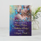 ブルーバタフライ スウィート16パーティー モノグラム, ゴールド 招待状 (スタンド正面)