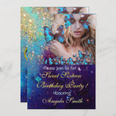 ブルーバタフライ スウィート16パーティー モノグラム, ゴールド 招待状 (正面/裏面)