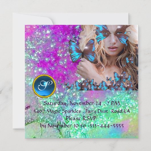 ブルーバタフライ スウィート16パーティー モノグラム, ゴールド 招待状 (裏面)