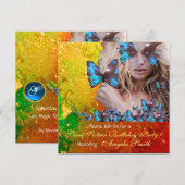 ブルーバタフライ スウィート16パーティー モノグラム, ゴールド 招待状 (正面/裏面)
