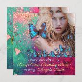 ブルーバタフライ スウィート16パーティー モノグラム 招待状 (正面/裏面)