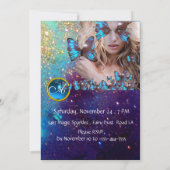 ブルーバタフライ スウィート16 パーティー モノグラム, ゴールド 招待状 (裏面)