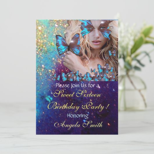 ブルーバタフライ スウィート16 パーティー モノグラム, ゴールド 招待状 (スタンド正面)