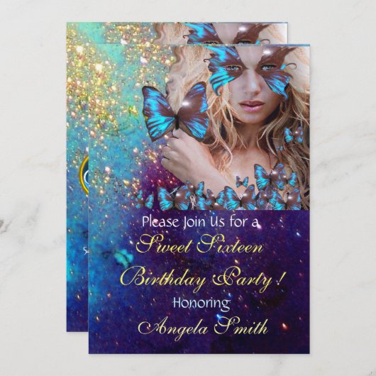 ブルーバタフライ スウィート16 パーティー モノグラム, ゴールド 招待状 (正面/裏面)