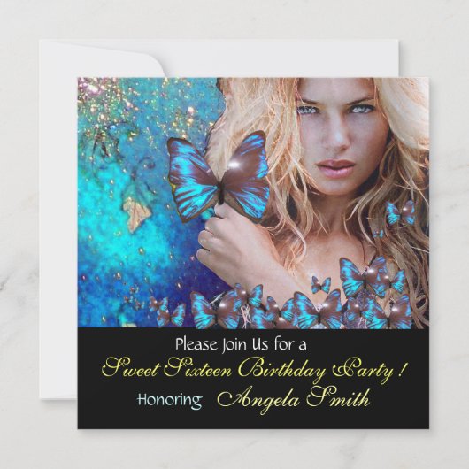 ブルーバタフライ スウィート16 パーティー モノグラム, ゴールド 招待状 (正面)