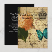 ブルーバタフライ パリス スクリプト フレンチ ボタニカル 招待状 (正面/裏面)