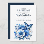 ブルーバタフライ フラワーズ サプライズ 80歳の誕生日 招待状 (正面/裏面)