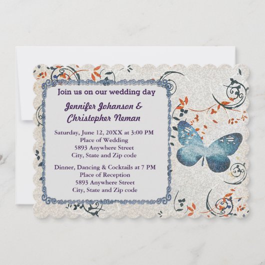 ブルーバタフライ&リーフスワルズ結婚式招待状 招待状 (正面)