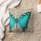 ブルーバタフライ、ヴィンテージ辞書プリント、デコレート クッション (ブランケット)