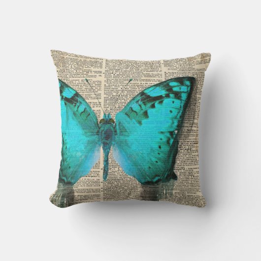 ブルーバタフライ、ヴィンテージ辞書プリント、デコレート クッション (正面)