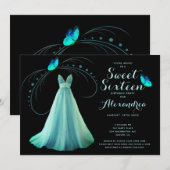 ブルーバタフライSweet sixteen16誕生日 招待状 (正面/裏面)